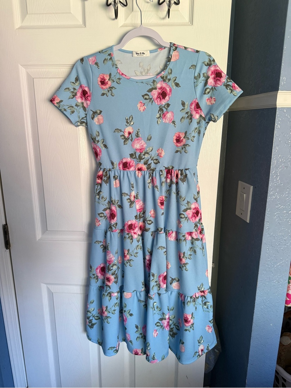 Blue Floral Midi Dress with Pink Roses